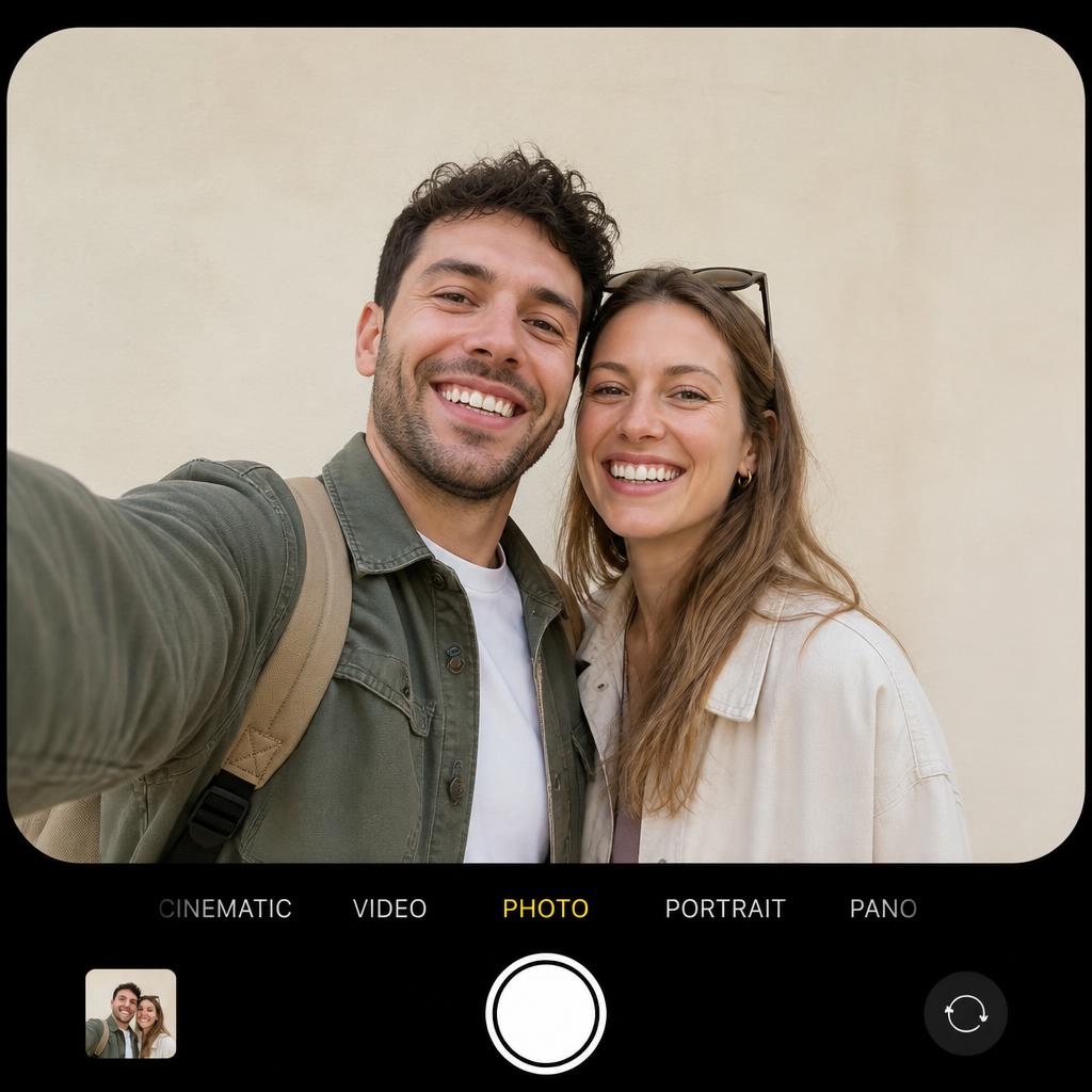 A couple taking a smartphone selfie, ready to upload.